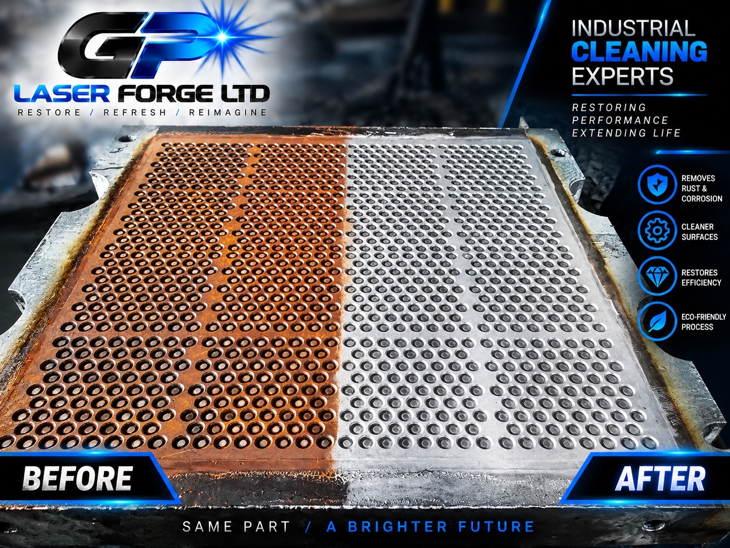 Before and after industrial component laser cleaning by GP Laser Forge